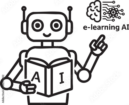 Robotic character reading a book for e-learning and artificial intelligence education and machine learning study concept.
