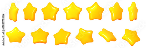 Glossy yellow cartoon stars shown in multiple rotation angles, shiny and soft style, isolated on white background. Concept of rating or decoration. Vector illustration