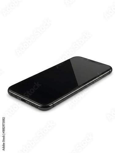 Black smartphone with blank screen on white background  side view