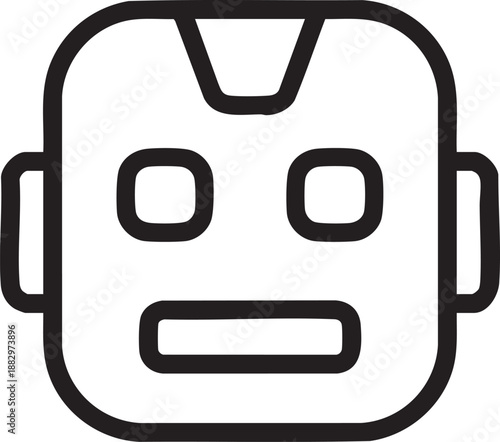 Simple line art icon of a robot head representing artificial intelligence and modern robotic technology character.