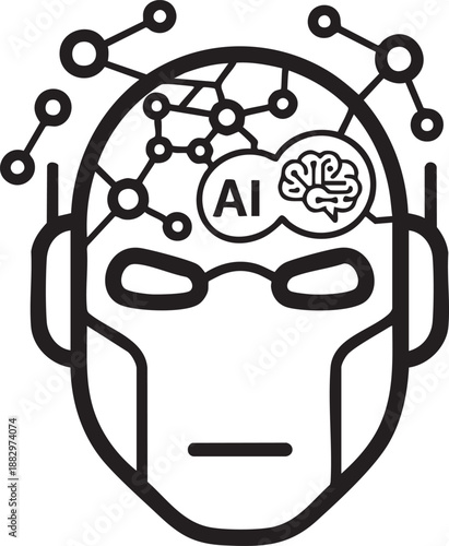 Humanoid robot head with neural network connections and brain icon representing artificial intelligence and cybernetics.