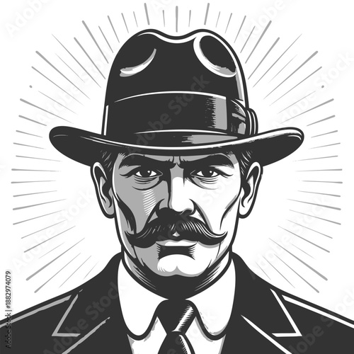 stern-faced man with a mustache wearing a fedora and suit, styled in classic early 20th-century fashion sketch engraving generative ai vector illustration. Scratch board imitation. Black and white.