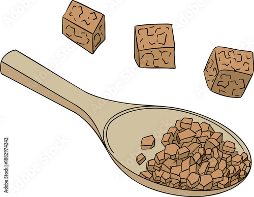 Vector colored illustration of fresh cut sugarcane pieces, juicy sugar cane stalks slices showing fibrous sweet interior, tropical street food snack, natural raw cane sugar, exotic refreshment