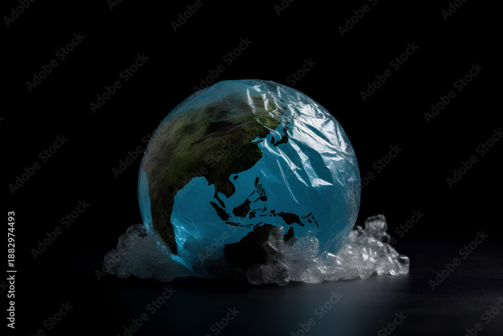 Obraz premium Globe in plastic. Save our planet no plastic concept. Ai generated