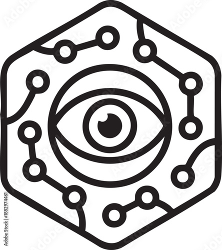 Computer vision icon with an eye inside a hexagon and circuit paths representing surveillance and ai monitoring.