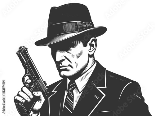 stern-faced man in a suit and fedora, holding a pistol in a classic noir style sketch engraving generative ai fictional character vector illustration. Scratch board imitation. Black and white image.
