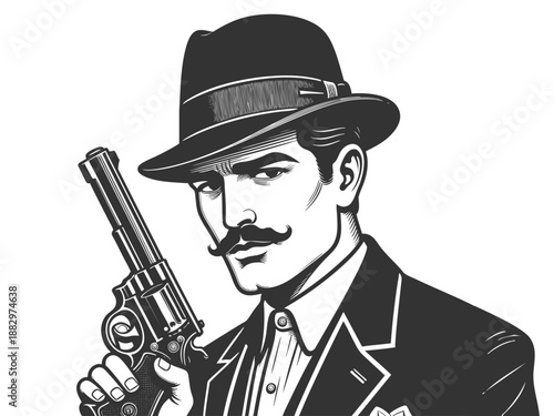 stern-faced man in a suit and fedora, holding a pistol in a classic noir style sketch engraving generative ai fictional character vector illustration. Scratch board imitation. Black and white image.