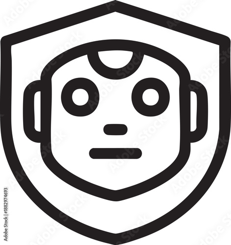 Robot head icon protected inside a shield representing cybersecurity and artificial intelligence data protection.