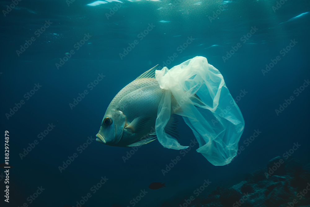 Fototapeta premium Plastic pollution concept. Save the ocean fish in plastic bag ai generated