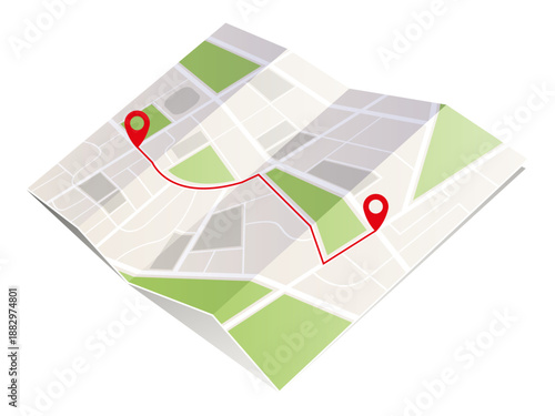 Folded urban map with red route and location pins, minimal graphic style, placed on white background. Concept of navigation and direction. Vector illustration