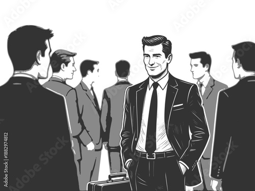 confident businessman standing and speaking to a seated group of professionals in a meeting room sketch engraving generative ai vector illustration. Scratch board. Black and white image.