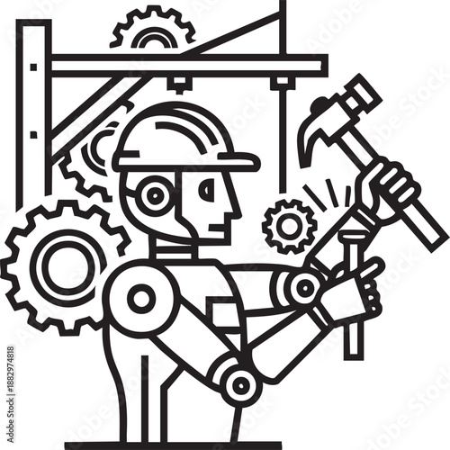 Construction robot wearing a hard hat and using a hammer representing industrial automation and robotic labor workforce.