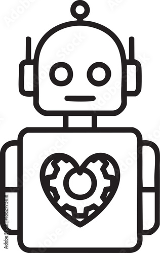 Futuristic robot icon featuring a mechanical heart with a gear inside symbolizing digital emotion.