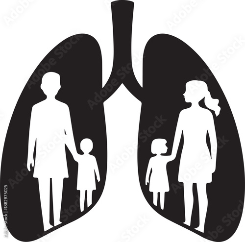 Family Silhouette Inside Human Lungs Vector for Respiratory Health Awareness