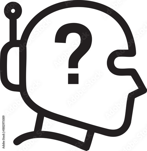 Humanoid head profile with a question mark and antenna representing artificial intelligence inquiry.