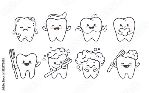 Cute cartoon teeth on a white background. Funny tooth with tooth paste, toothbrush and tooth in a foam cloud. Doodles. Vector illustration