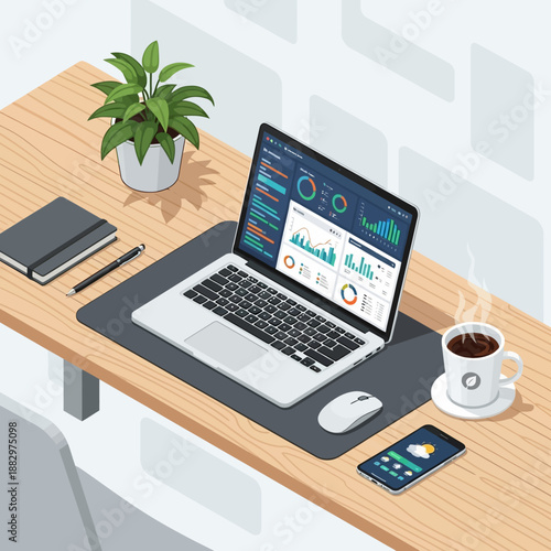 Isometric View of a Modern Workspace with Laptop and Coffee.