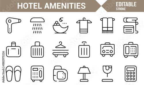 Accommodation and hospitality amenities icon pack