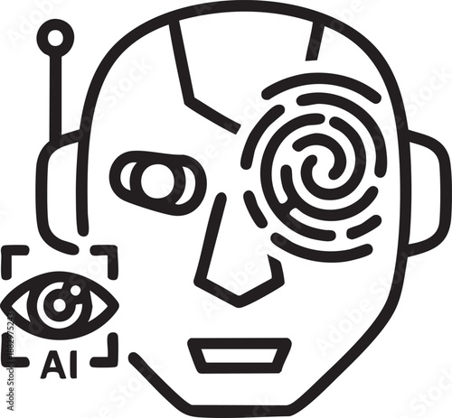 Cyborg face with biometric eye scan and artificial intelligence facial recognition features.