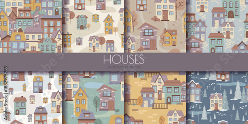Set of seamless patterns featuring colorful cartoon houses in various seasonal settings, flat graphic style, on abstract scenic backgrounds. Vector illustration
