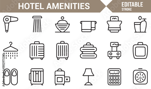 Travel hotel amenities symbols editable outline style