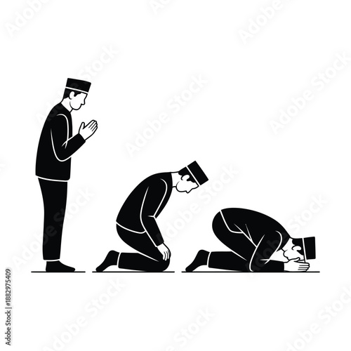 Illustration of islamic prayer positions isolated on white background, Vector, illustration