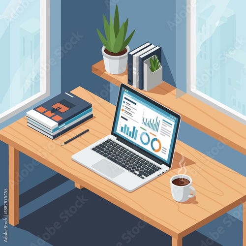 Laptop displaying business analytics on a wooden desk with coffee and books.