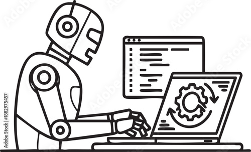Robot programmer working on a laptop with coding lines for software development and automation.