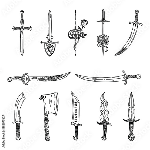 Collection Of Ancient Swords And Daggers Vector Illustration