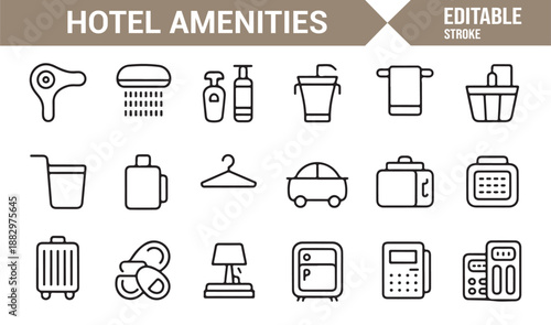 Hotel room amenities line icons isolated on white