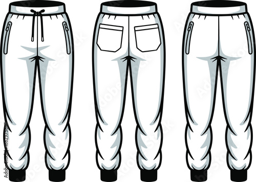 Three Views of White Jogger Sweatpants with Zippers and Drawstring joggers trousers