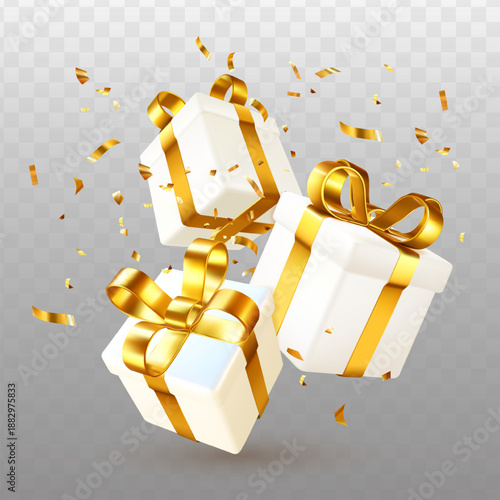 White gift boxes with shiny golden ribbons and scattered confetti on transparent background, symbolizing celebration and luxury. Vector illustration