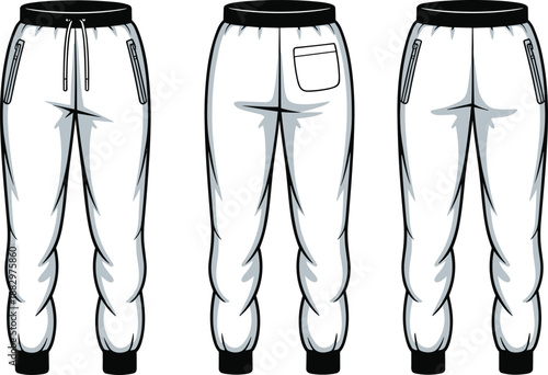 Three Views of White Sweatpants with Black Waistband and Cuffs trousers athletic wear