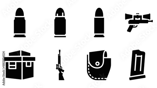 Silhouette bullet and weapon icons set for gaming and military themes