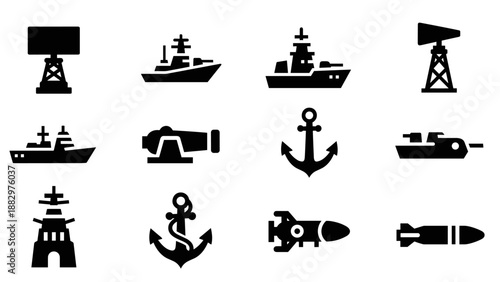 Nautical military icons: ships, anchors, radar, missile in silhouette style