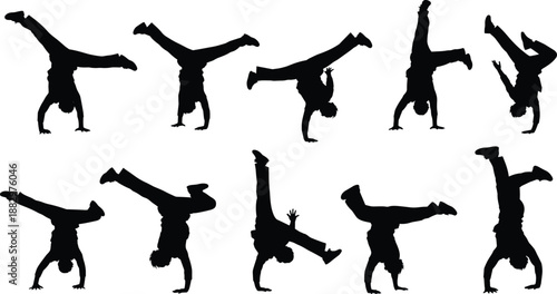 Black silhouette set of breakdance performers featuring hip-hop dancers doing handstands, power moves, and acrobatic street dance poses for urban culture,