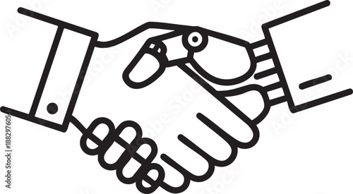 Human and robot handshake representing cooperation and partnership between man and machine.