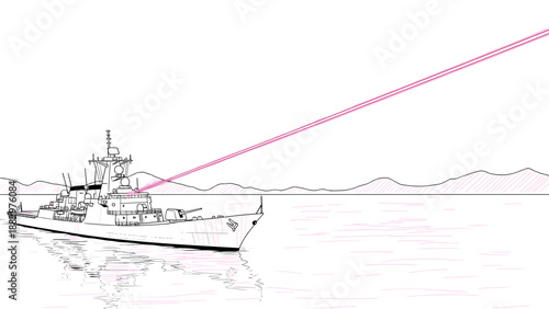 Navy frigate engaging with laser weapon in detailed sketch art