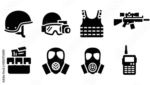 Silhouette icons of military gear: helmet, vest, mask, rifle, and radio communication