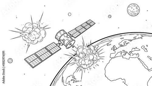 Space satellite exploding near earth in dynamic black and white line art
