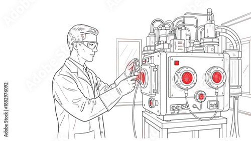 Scientist operating advanced laboratory equipment in detailed linear drawing