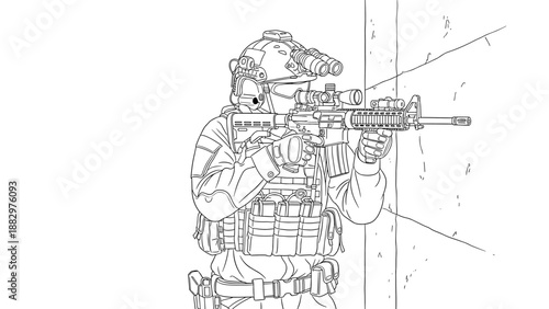 Tactical soldier in action: detailed black and white line art of armed infantry