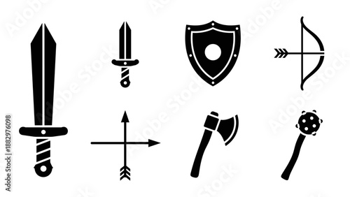 Medieval weapons silhouette icons: sword, shield, axe, bow, arrow, mace