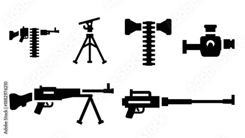 Silhouette military weapons collection: rifles, machine guns, and threat detection systems