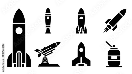 Set of silhouette missile and rocket icons for military and space themes