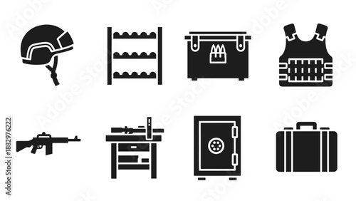 Military equipment icons: helmet, rifle, gear, and safe in bold black design