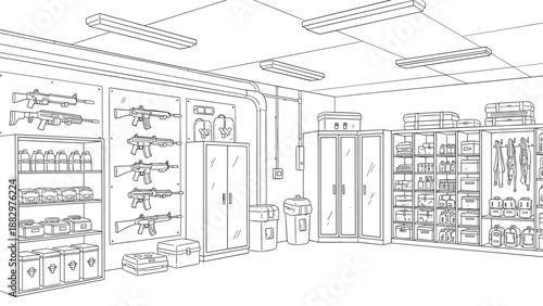Line art armory room with firearms and tactical gear storage