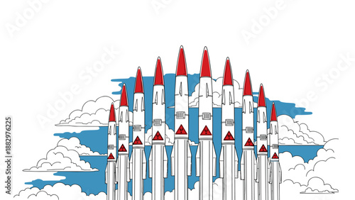 Cartoon rockets in blue sky with white clouds: colorful missile illustration