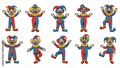 Vibrant collection of cheerful cartoon clowns in classic red and blue costumes, displaying joyful expressions and playful poses for festive events and entertainment designs