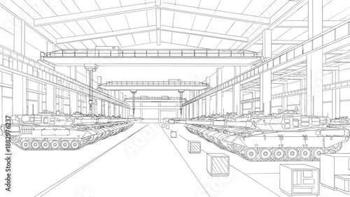 Linear outline of military tanks in industrial warehouse setting